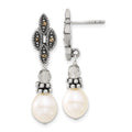 Sterling Silver Polished & Antiqued Crystal, Marcasite & FW Cultured Pearl Post Dangle Earrings, 36 x 10 mm