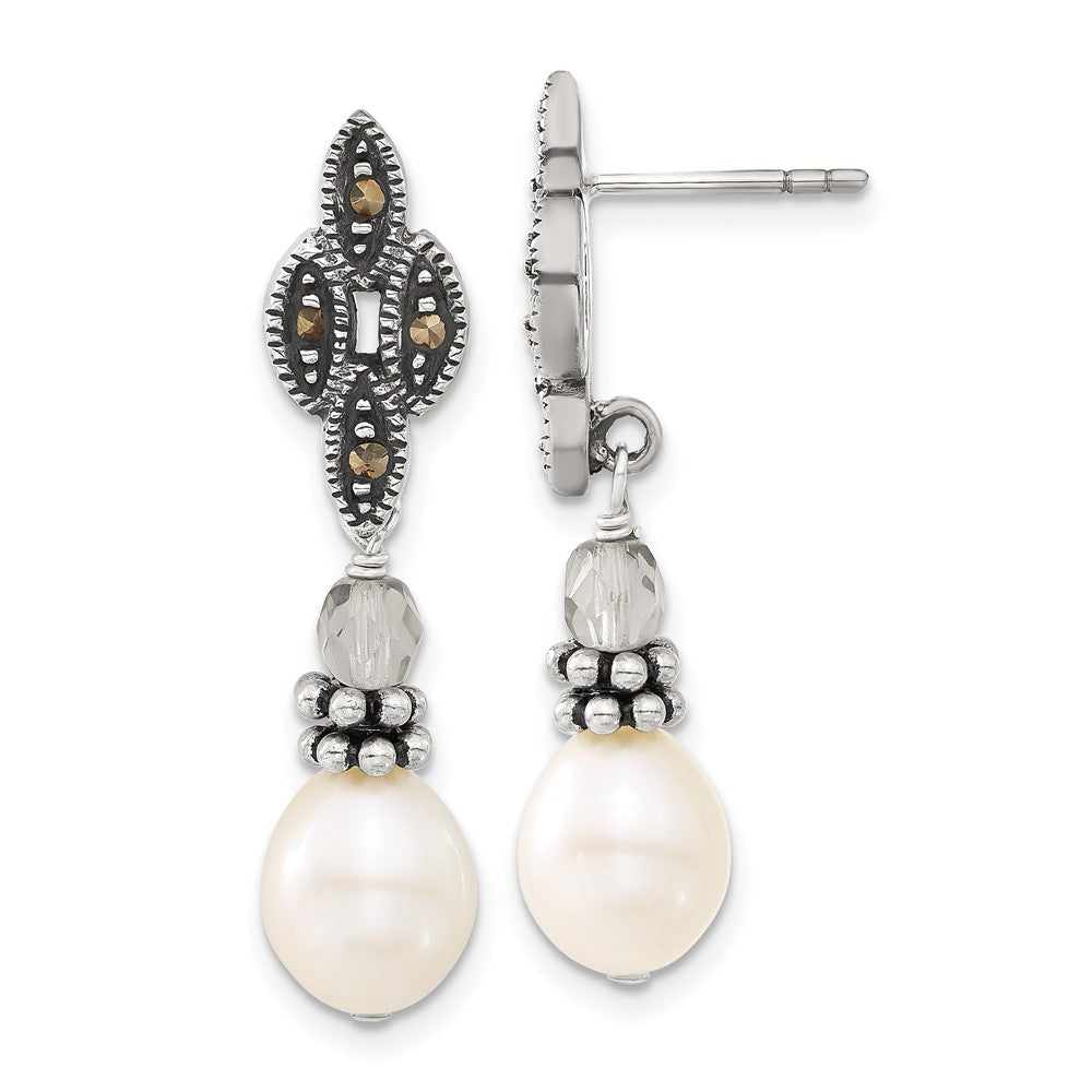 Sterling Silver Polished & Antiqued Crystal, Marcasite & FW Cultured Pearl Post Dangle Earrings, 36 x 10 mm