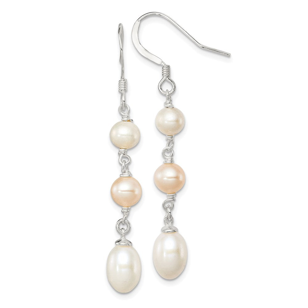 Sterling Silver Polished Pink & White 5-7mm Freshwater Cultured Pearl Dangle Earrings, 52 x 7 mm