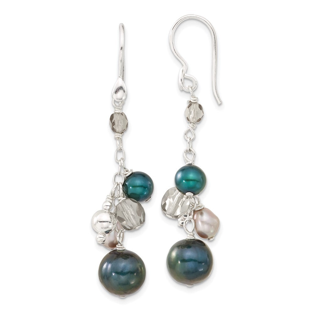 Sterling Silver Multicolor Simulated Pearl & Glass Bead Cluster Dangle Earrings, 57 x 16 mm