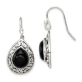 Sterling Silver Polished & Antiqued Filigree Onyx Teardrop Dangle Earrings, 30 x 14 mm