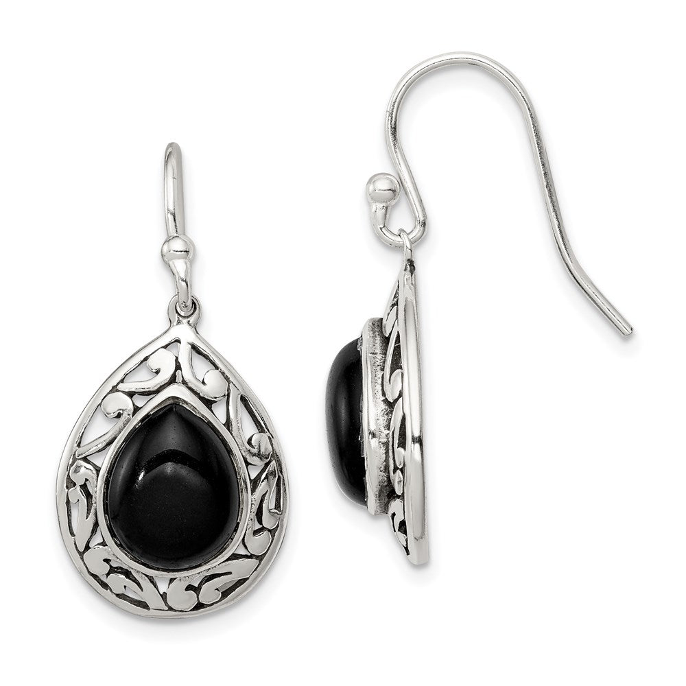 Sterling Silver Polished & Antiqued Filigree Onyx Teardrop Dangle Earrings, 30 x 14 mm