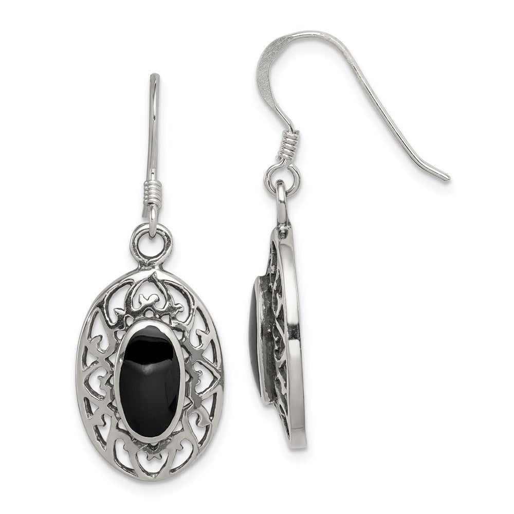Sterling Silver Polished/Antiqued Filigree Black Agate Oval Dangle Earrings, 33 x 13 mm