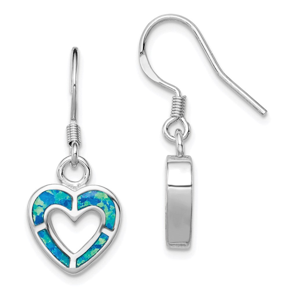 Sterling Silver RH-plated Blue Created Opal Inlay Heart Dangle Earrings, 29 x 12 mm