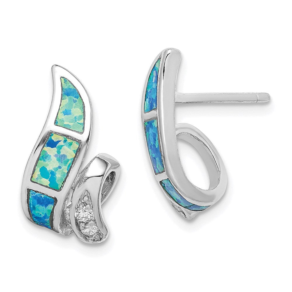 Sterling Silver RH-plated CZ & Blue Created Opal Twisted Post Earrings, 18 x 9 mm