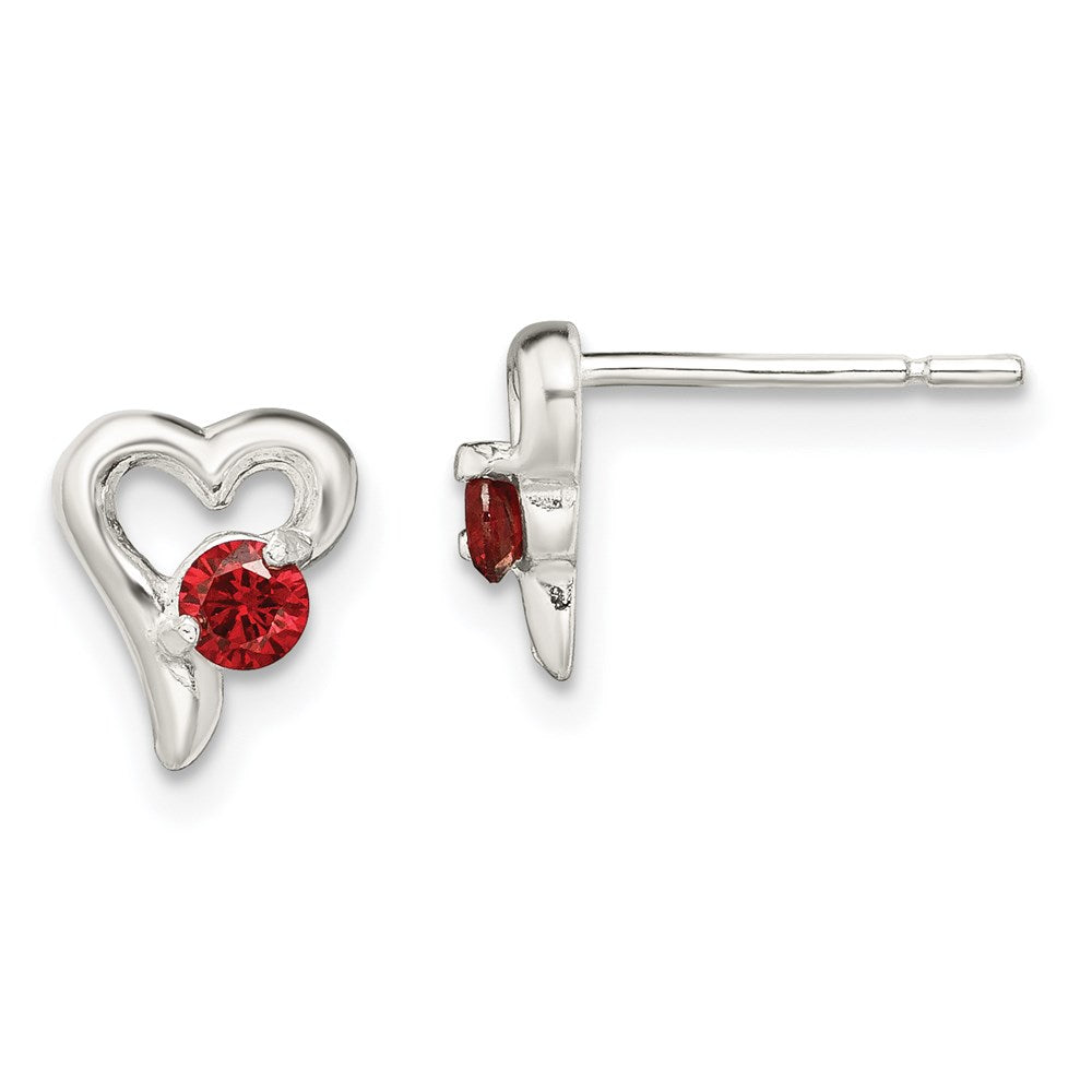 Sterling Silver Polished Red CZ Heart Post Earrings, 9 x 7 mm