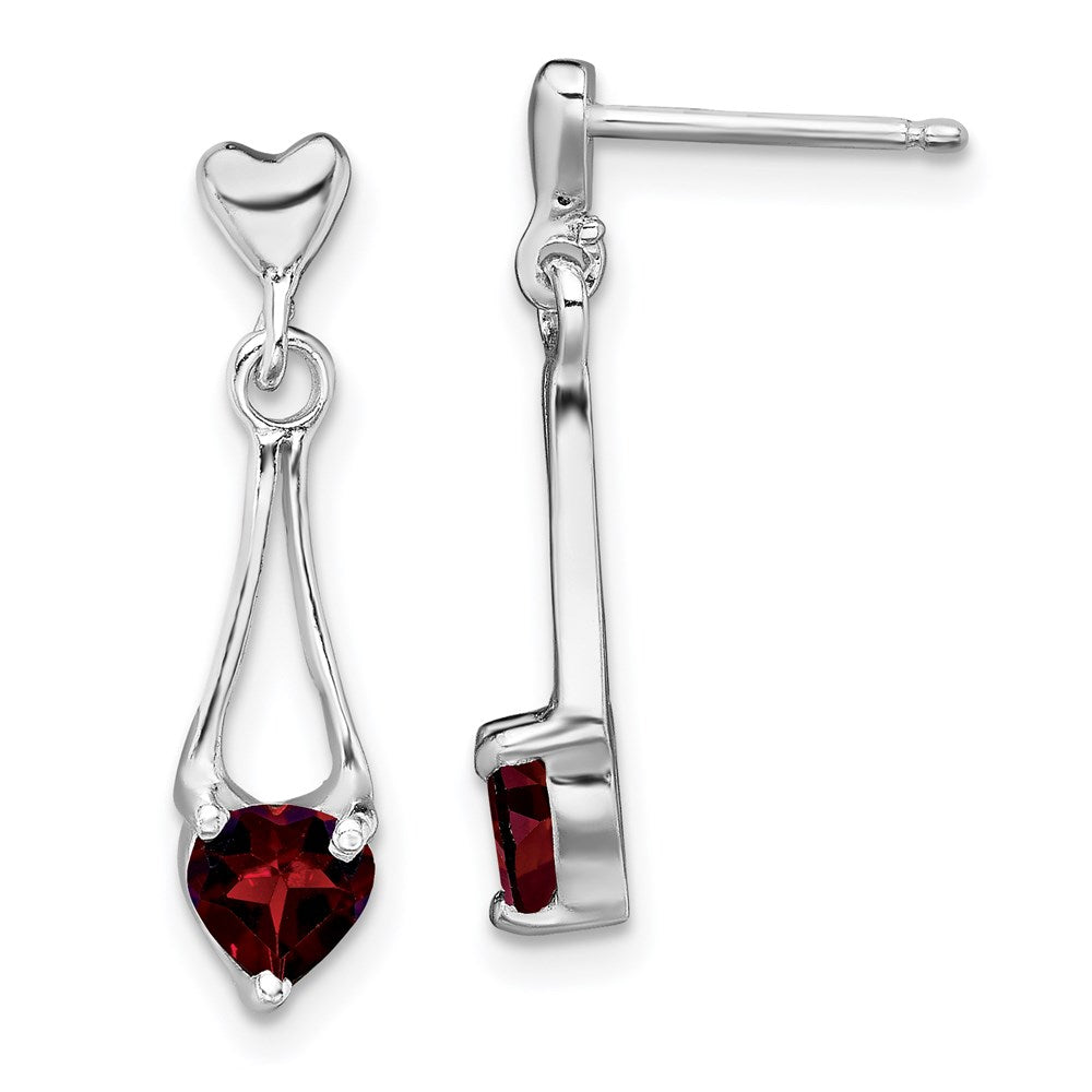 Sterling Silver Rhodium-plated Polished Garnet Heart Post Dangle Earrings, 0.2 ct, 22 x 5 mm