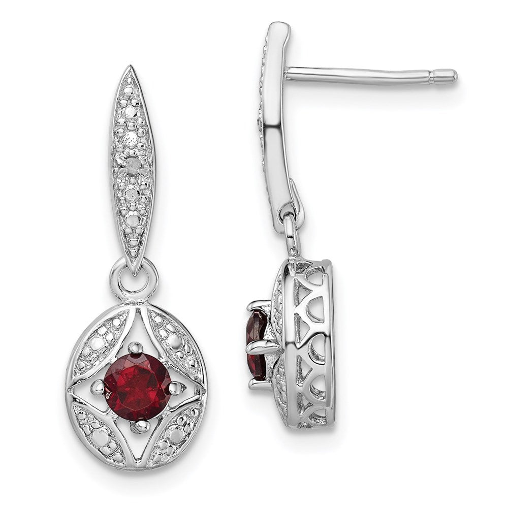 Sterling Silver Rhodium-plated Garnet and Diamond Dangle Earrings, 0.652 ct, 24 x 9 mm