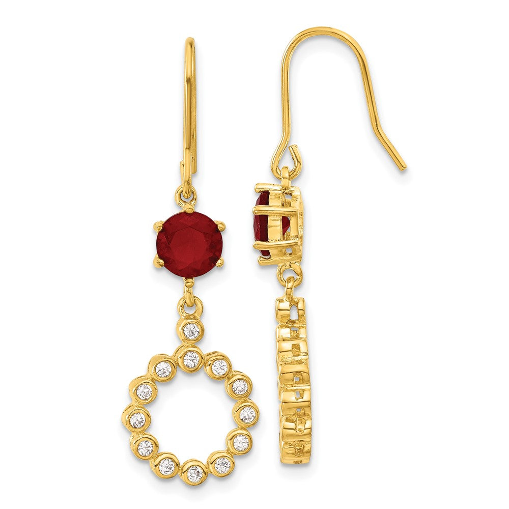 Sterling Silver & Gold-plated CZ & Red Glass Circle Dangle Earrings, 40 x 13 mm