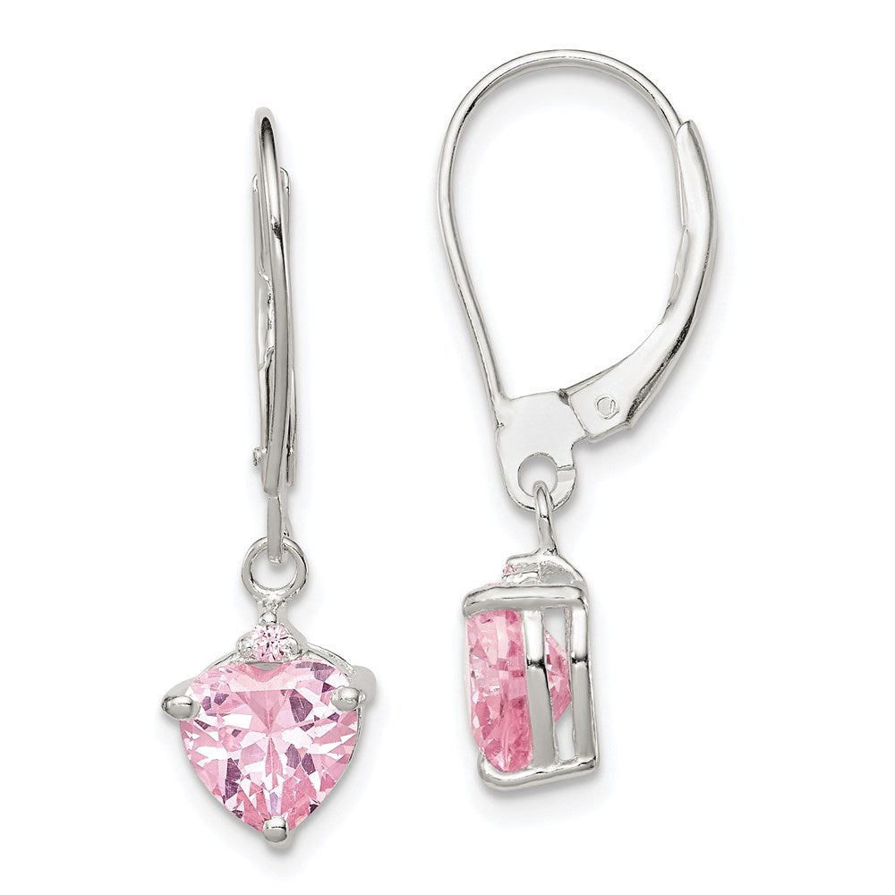 Sterling Silver Polished Pink CZ Heart Leverback Dangle Earrings, 28 x 7 mm