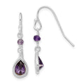 Sterling Silver Rhodium-plated Polish Purple CZ Teardrop Dangle Earrings, 26 x 7 mm