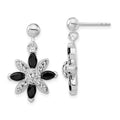 Sterling Silver Black CZ & Stellux Crystal Flower Post Dangle Earrings, 26 x 18 mm