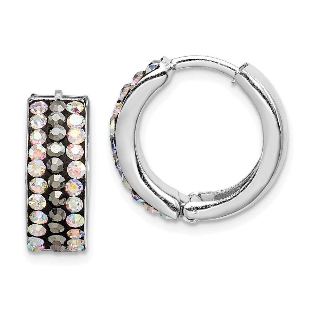 Sterling Silver Rhodium-plated Grey/Rainbow Preciosa Hinged Hoop Earrings, 15 x 15 mm