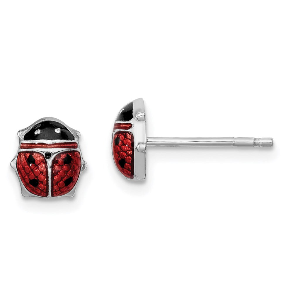 Sterling Silver Rhodium Polished Enameled Lady Bug Post Earrings, 7 x 6 mm