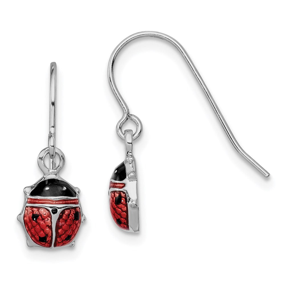 Sterling Silver Rhodium Enameled Ladybug Dangle Earrings, 17 x 6 mm