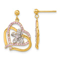 Sterling Silver & Flash Gold-plated Pink & Clear CZ Butterfly Heart Post Dangle Earrings, 24 x 18 mm