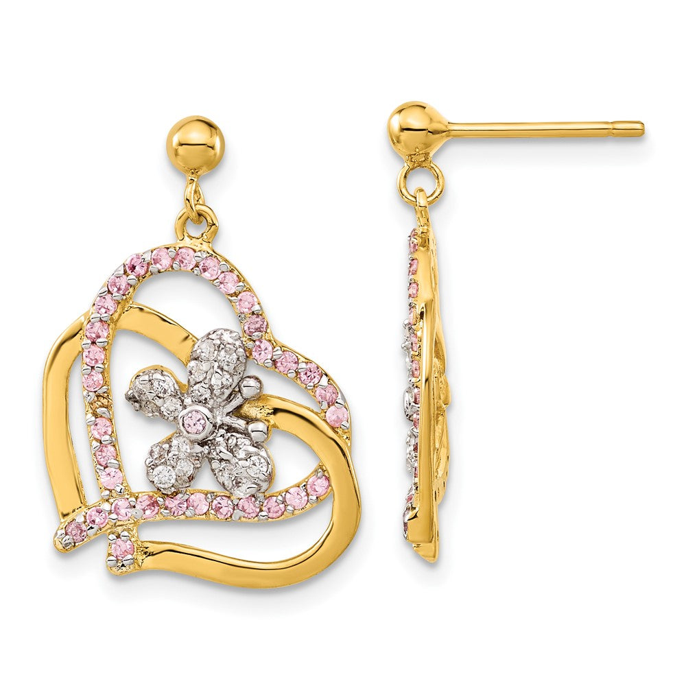 Sterling Silver & Flash Gold-plated Pink & Clear CZ Butterfly Heart Post Dangle Earrings, 24 x 18 mm