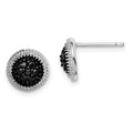 Sterling Silver RH-plated Polished & Textured Black CZ Round Post Earrings, 9 x 9 mm