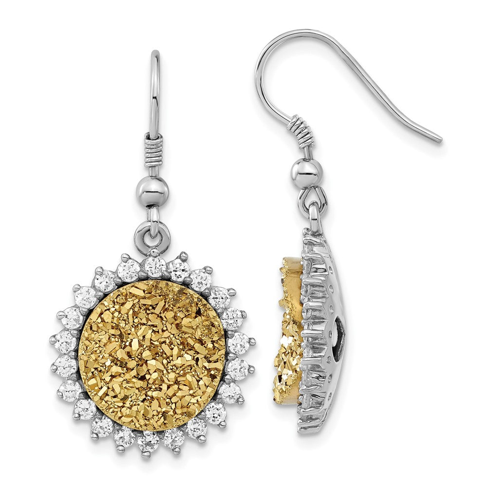 Sterling Silver Yellow Druzy & CZ Circle Shepherd Hook Dangle Earrings, 36 x 18 mm