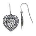 Sterling Silver & Black Ceramic Crystal Heart Dangle Earrings, 27 x 17 mm