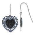 Sterling Silver Black Ceramic Black Crystal Heart Dangle Earrings, 28 x 17 mm