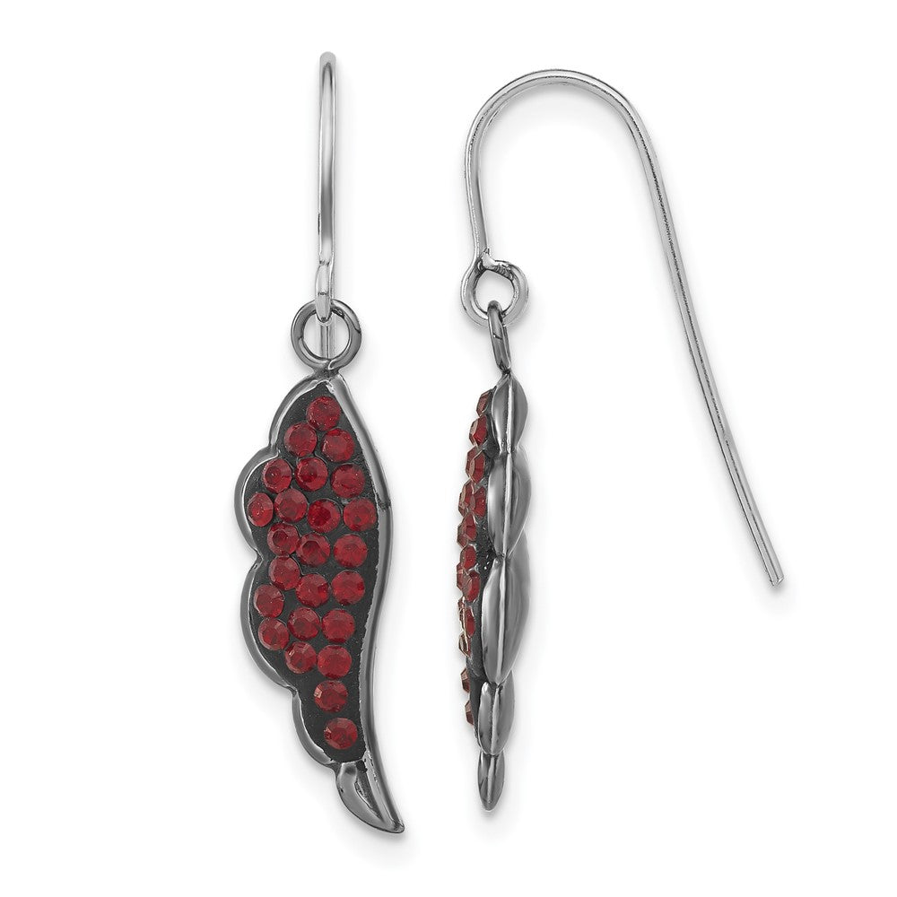 Sterling Silver Black Ceramic Red Crystal Wing Dangle Earrings, 31 x 7.2 mm