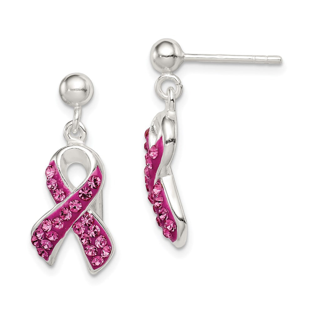 Sterling Silver Stellux Crystal Pink Awareness Ribbon Earrings, 24 x 10 mm