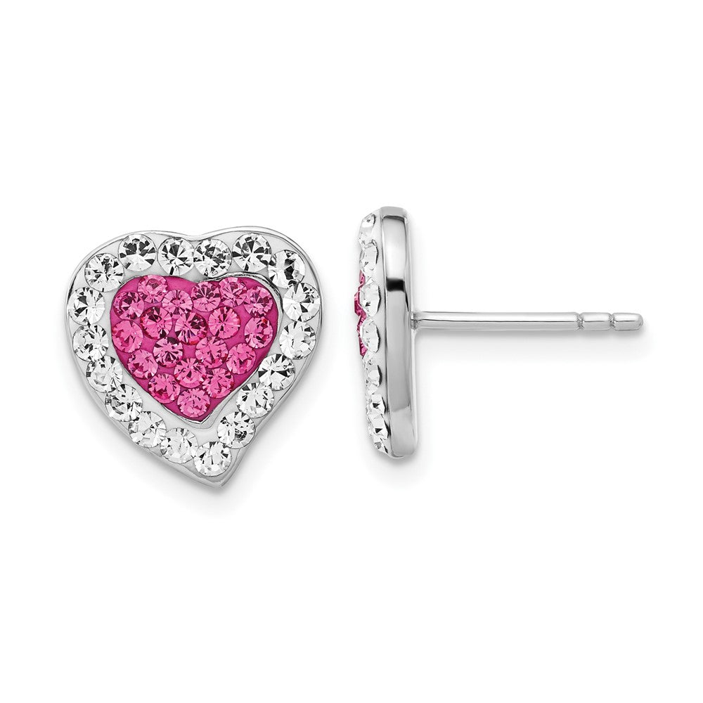 Sterling Silver Rhodium-plated Pink & Clear Stellux Crystal Heart Post Earrings, 13 x 13 mm