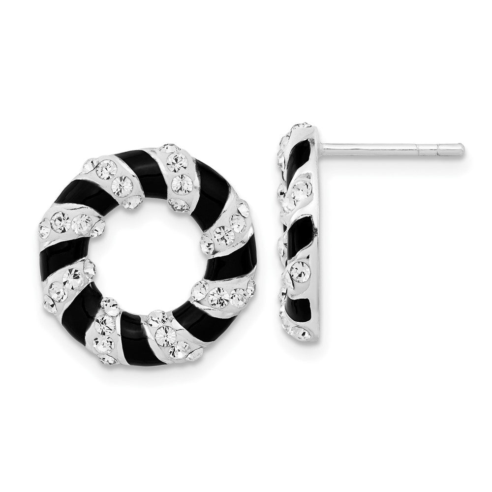 Sterling Silver Stellux Crystal & Black Enamel Open Circle Post Earrings, 16 x 16 mm