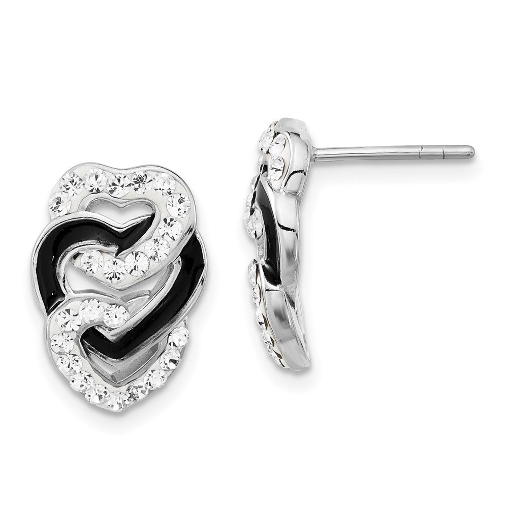 Sterling Silver Rhodium-plated Black Enamel & Stellux Crystal Tri Heart Post Earrings, 16 x 11 mm