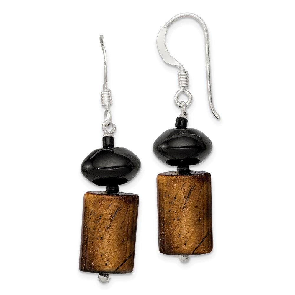 Sterling Silver Black Agate / Black Glass Bead / Tiger's Eye Dangle Earring, 39 x 10 mm