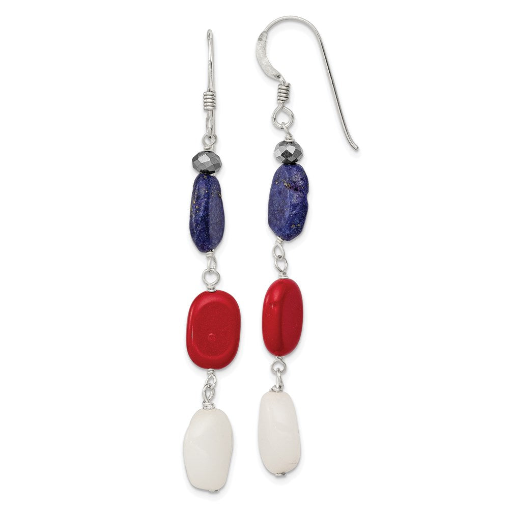 Sterling Silver Polished Red Coral/Crystal/White Jade/Lapis Dangle Earrings, 64 x 8 mm