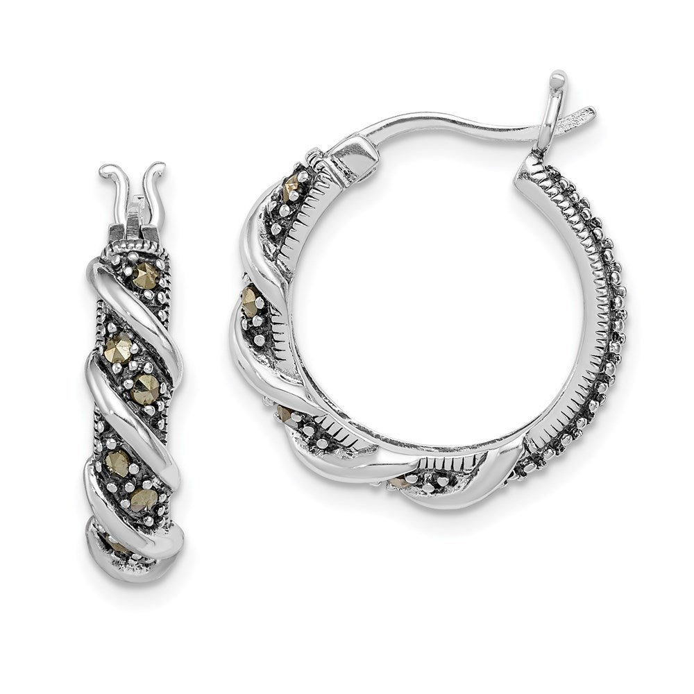 Sterling Silver Rhodium-plated Antiqued Swirl Hoop Marcasite Earrings, 21 x 19 mm