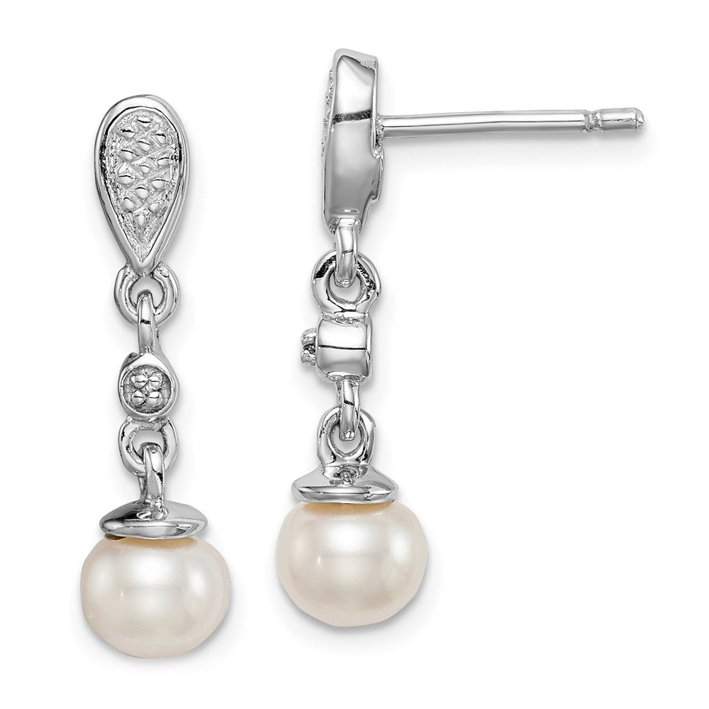 Sterling Silver Rhodium Plated Diamond & FW Cultured Pearl Earrings, 0.01 ct, 22 x 6 mm
