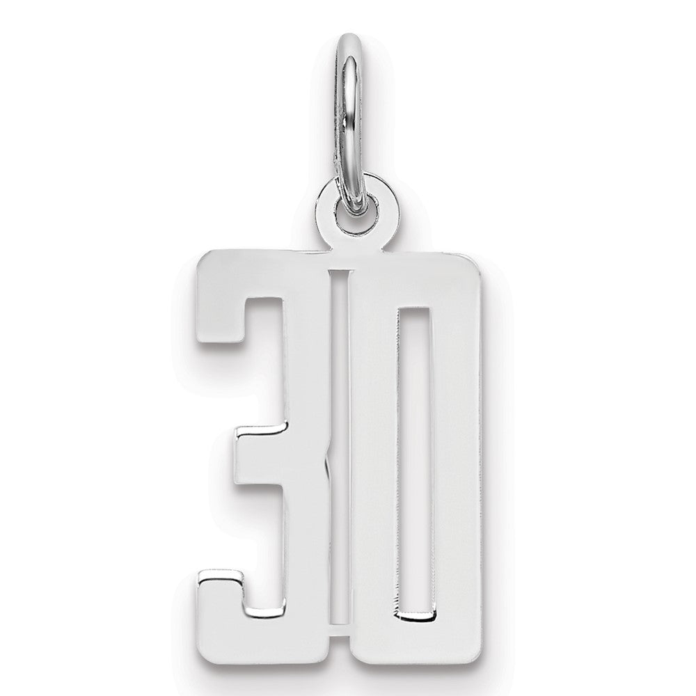 Sterling Silver/Rhodium-plated Elongated Number 30 Charm, 20 x 8 mm