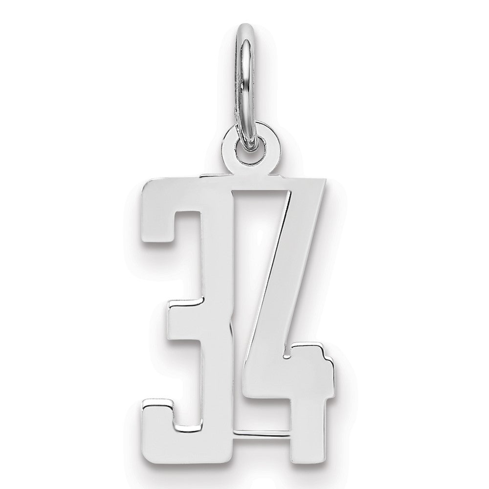 Sterling Silver/Rhodium-plated Elongated Number 34 Charm, 20 x 8 mm