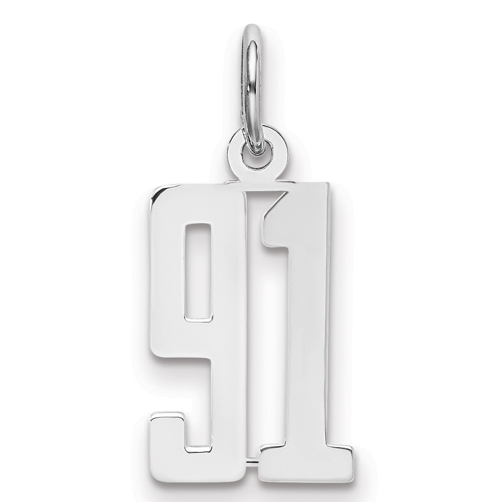 Sterling Silver/Rhodium-plated Elongated Number 91 Charm, 20 x 8 mm