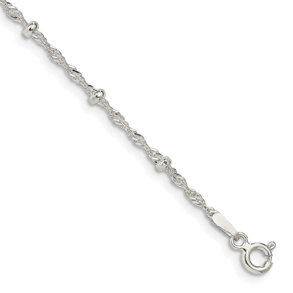 Sterling Silver 2.5mm Singapore w/ Beads Chain Anklet, 10 x 2.5 mm