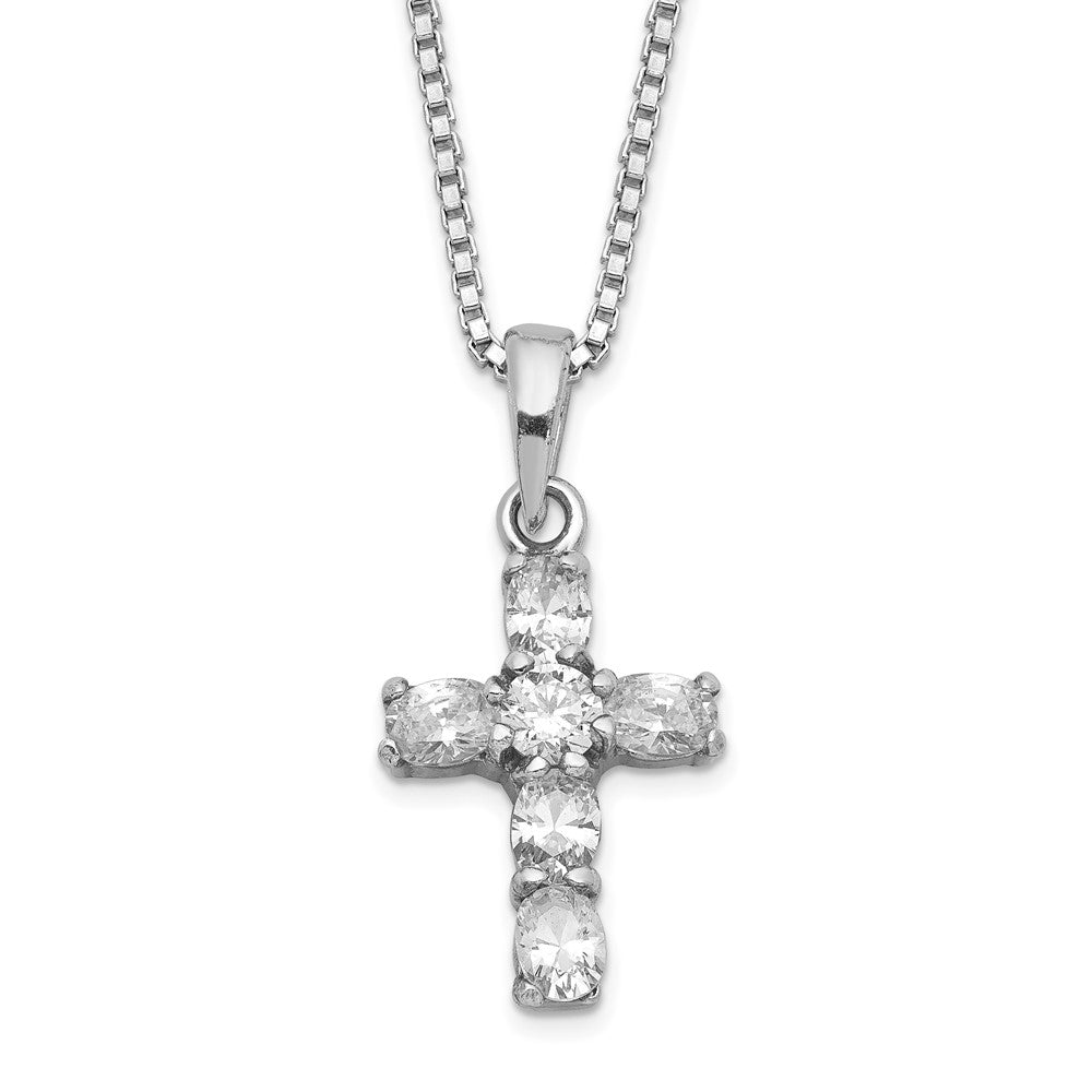 Sterling Silver Rhodium-plated CZ Cross on 16 Box Chain Necklace, 16 mm