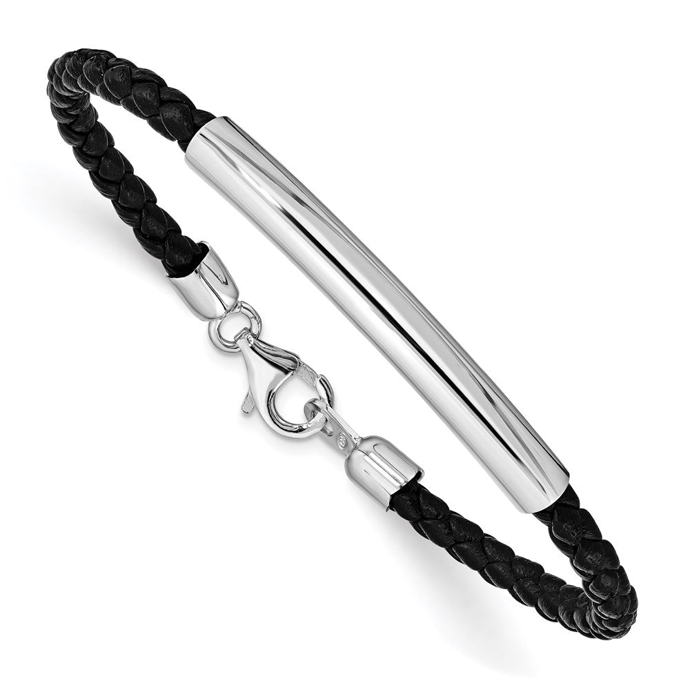 Sterling Silver Rhodium-plated Braided Black Leather Bracelet, 7 x 5 mm