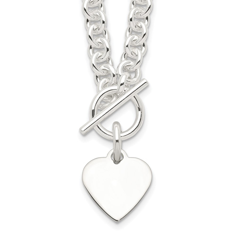 Sterling Silver Engraveable Heart Disc on Fancy Link Toggle 18in Necklace, 18 x 16.5 mm