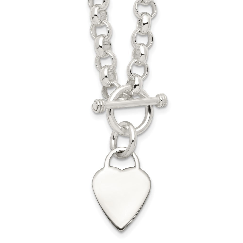 Sterling Silver Engraveable Heart Disc on Fancy Link Toggle Necklace, 18 x 15.5 mm
