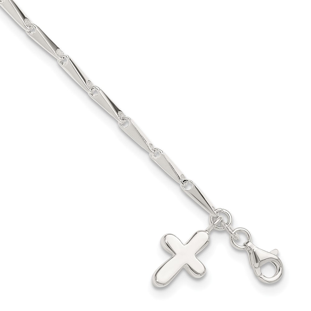 Sterling Silver 10 in Solid Polished Cross on Fancy Link Anklet, 10 x 9 mm