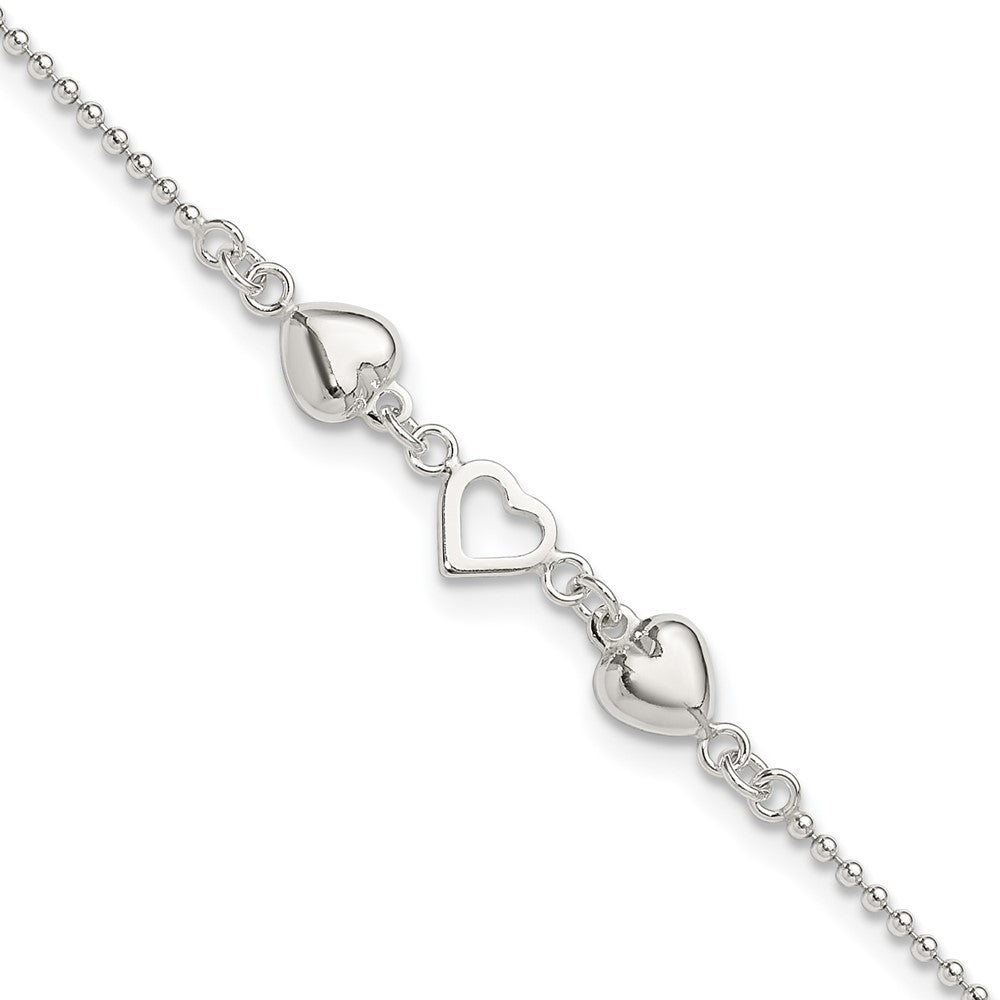 Sterling Silver Heart 9 inch Plus 1 inch Extender - Total 10 inch Anklet, 10 x 6 mm