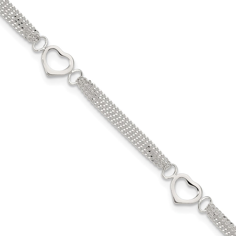 Sterling Silver 10inch Polished Heart Anklet, 10 x 7 mm