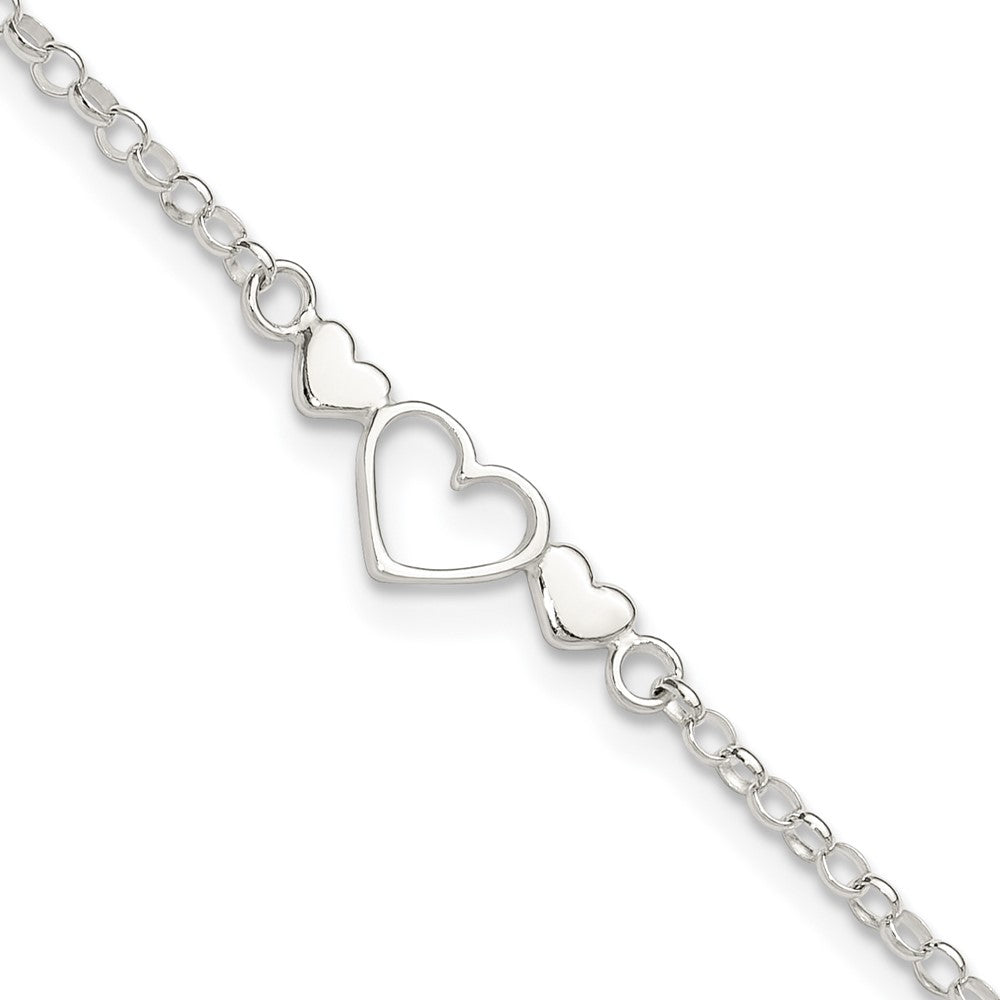 Sterling Silver Three Hearts  9 inch Plus 1 inch Extender - Total 10 inch Anklet, 10 x 7 mm