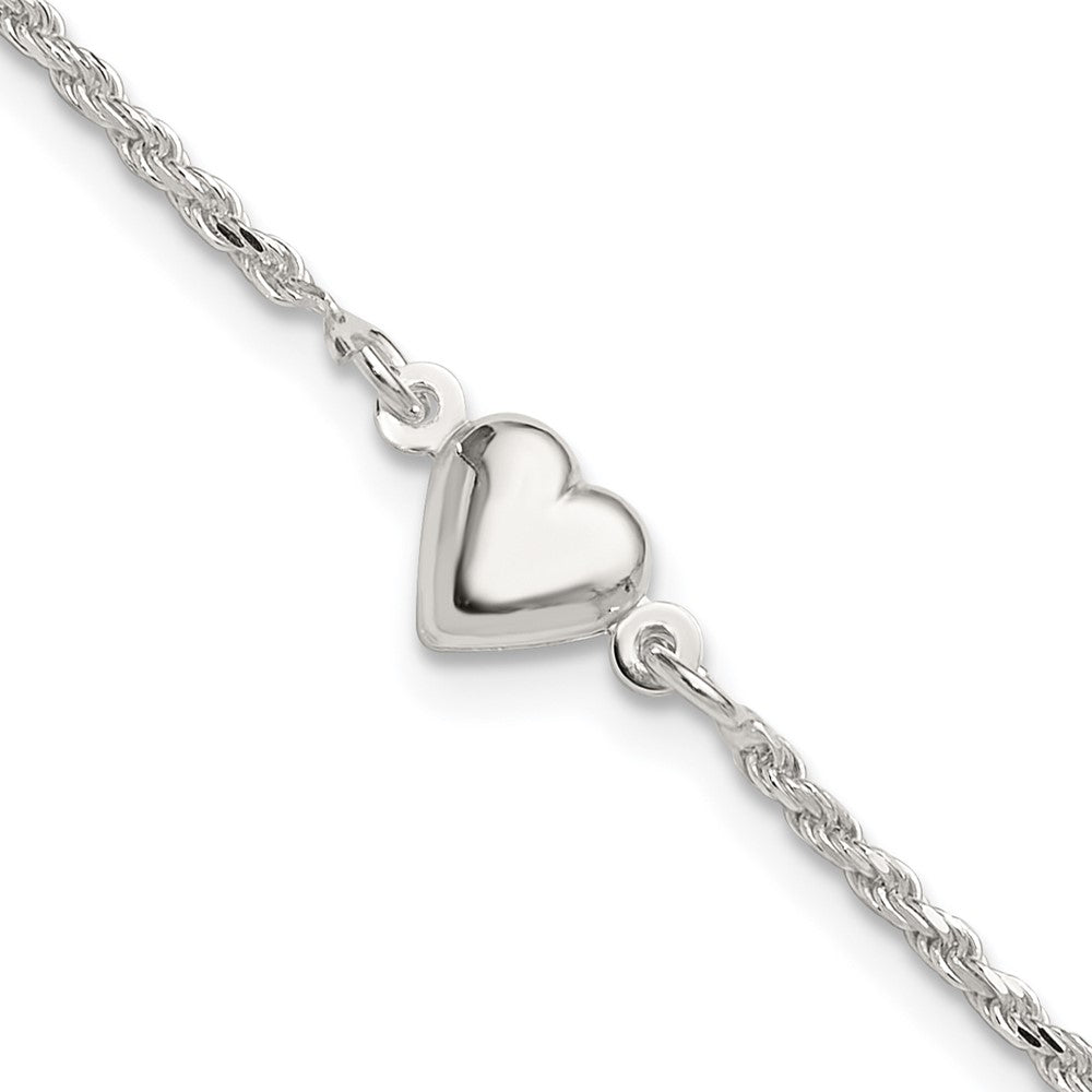 Sterling Silver Puffed Heart Anklet, 9 x 8 mm