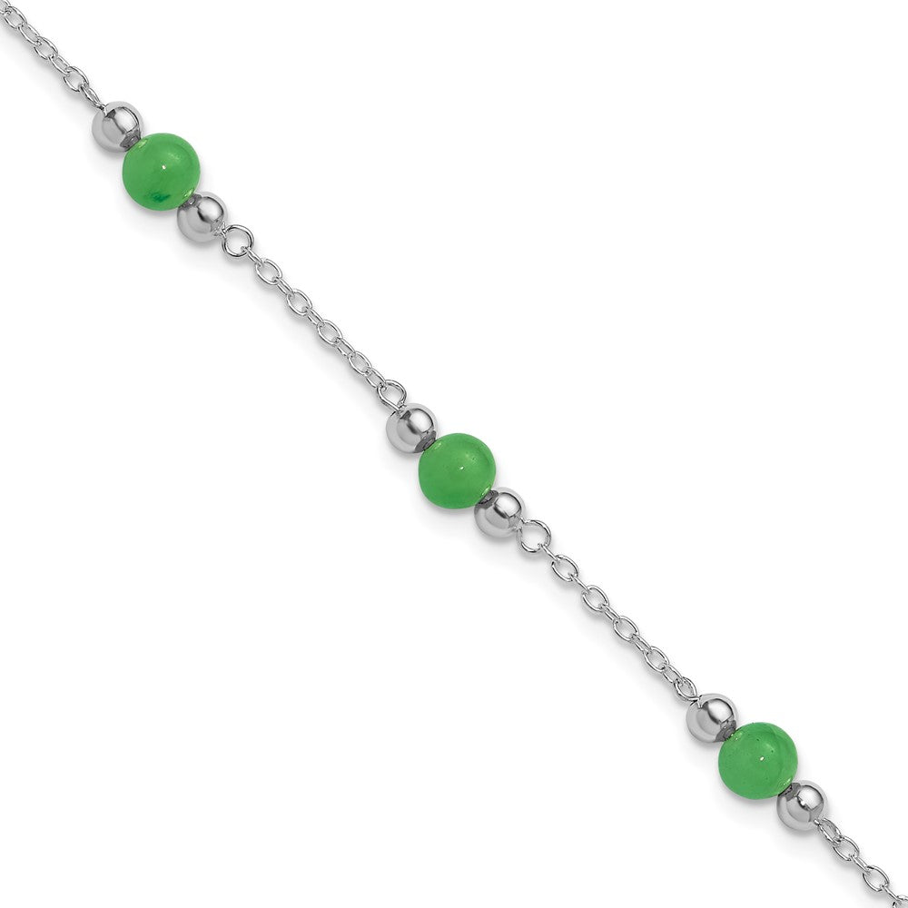 Sterling Silver Rhodium-plated 9inch Polished Green Jade Anklet, 9 x 6 mm