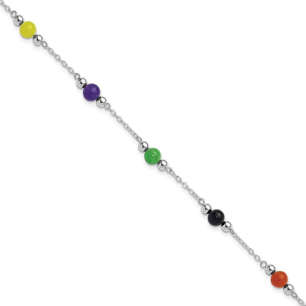 Sterling Silver Rhodium-plated 9inch Polished Multi-Color Jade Anklet, 9 x 6 mm