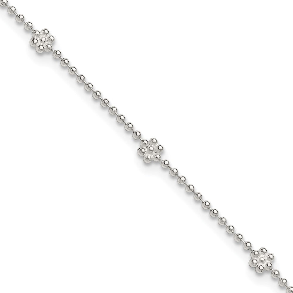Sterling Silver Flowers 8-Station 9 inch Plus 1 inch Extender - Total 10 inch Anklet, 10 x 4 mm